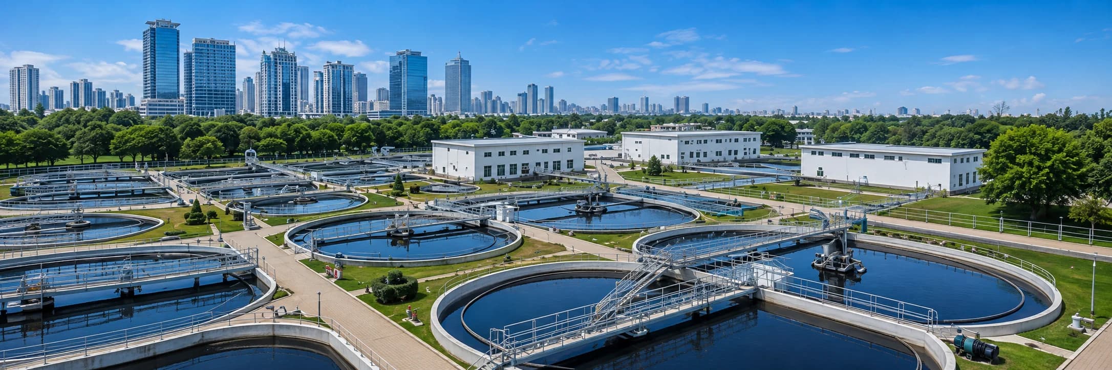 Aerial view of a municipal water treatment plant, its circular clarifiers and treatment buildings, with a city skyline on the horizon