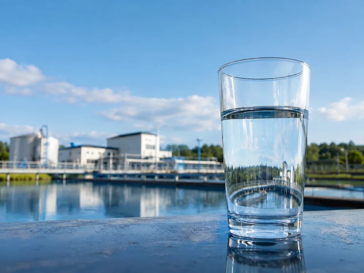 Glass of treated drinking water beside a water treatment works