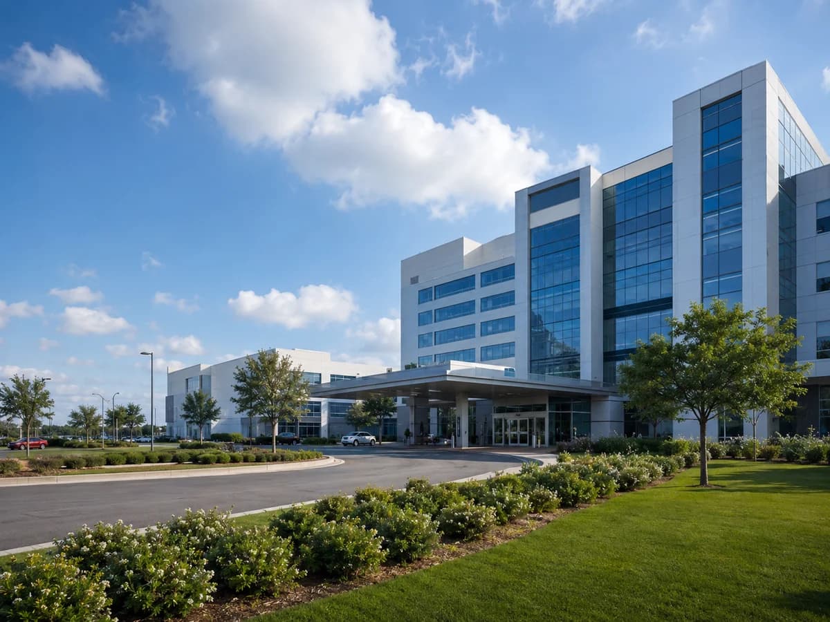 Hospital campus entrance where water quality is monitored continuously