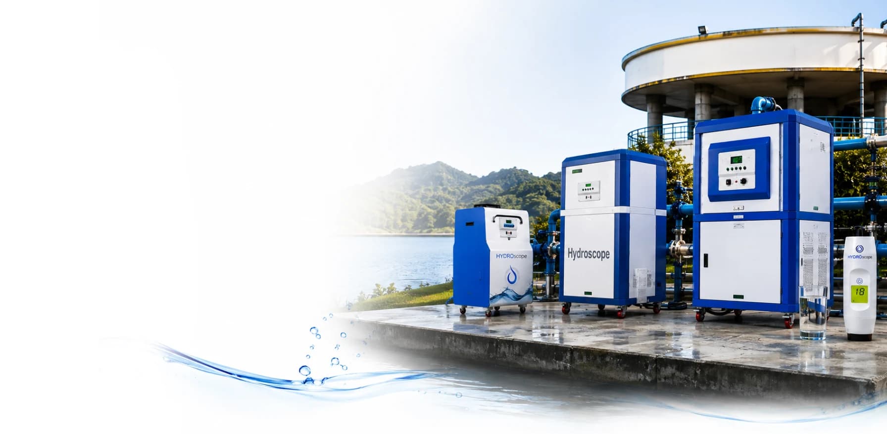 HydroPure electrochlorinator units and a HydroSense sensor installed beside a water treatment tank