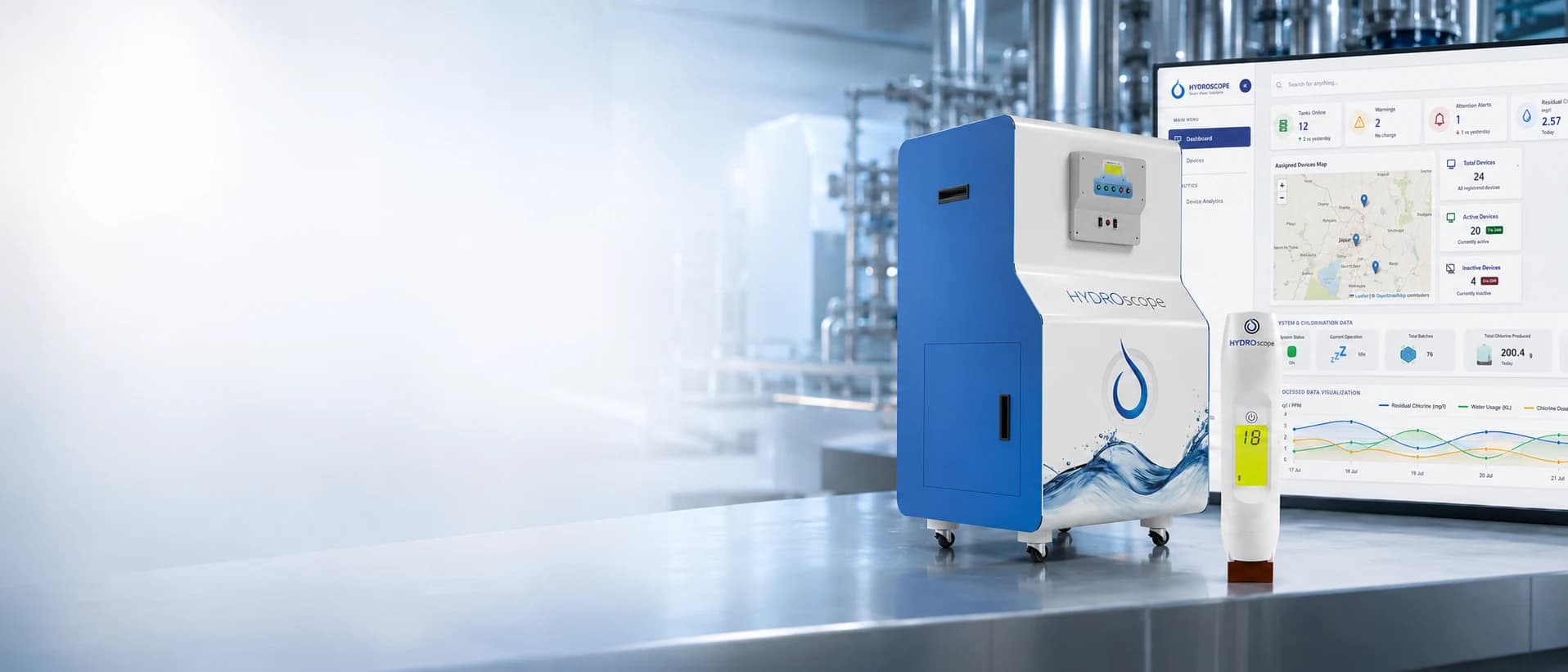 HydroPure electrochlorinator and a HydroSense handheld water quality sensor on a stainless bench inside a treatment plant, with the HydroSure dashboard showing tanks online, alerts and residual chlorine on the screen behind
