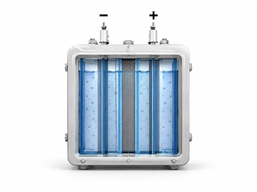 HydroPure electrolytic cell with anode and cathode plates in brine