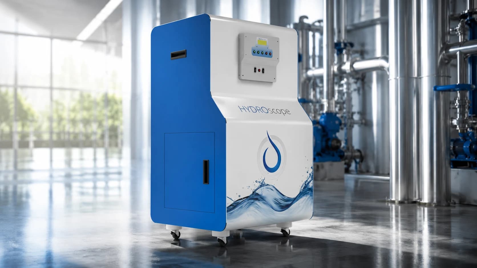 HydroPure HP-100 electrochlorinator installed beside process pipework, generating and dosing sodium hypochlorite on site