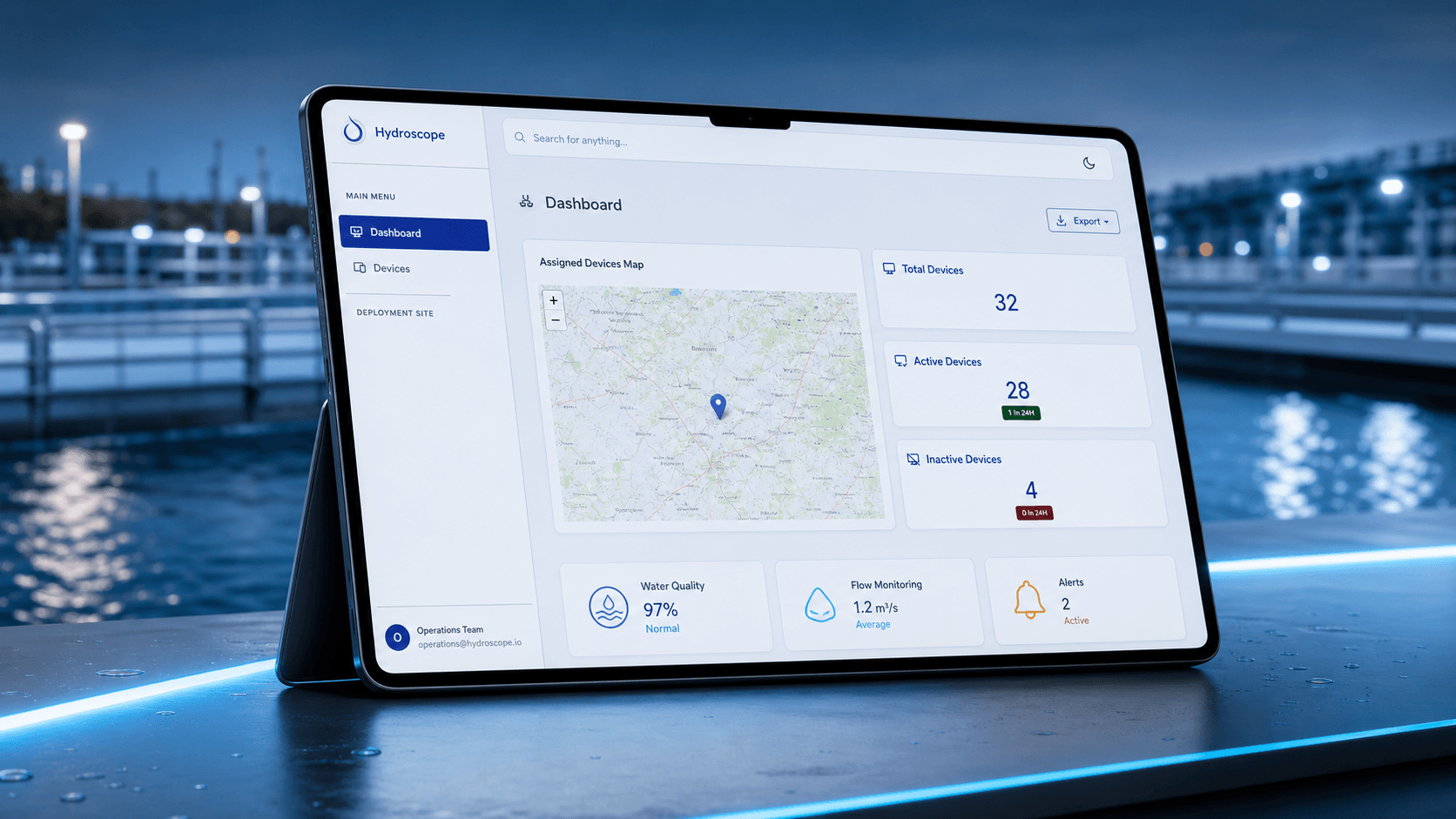 Cinematic HydroSure dashboard interface showing water monitoring map and device analytics