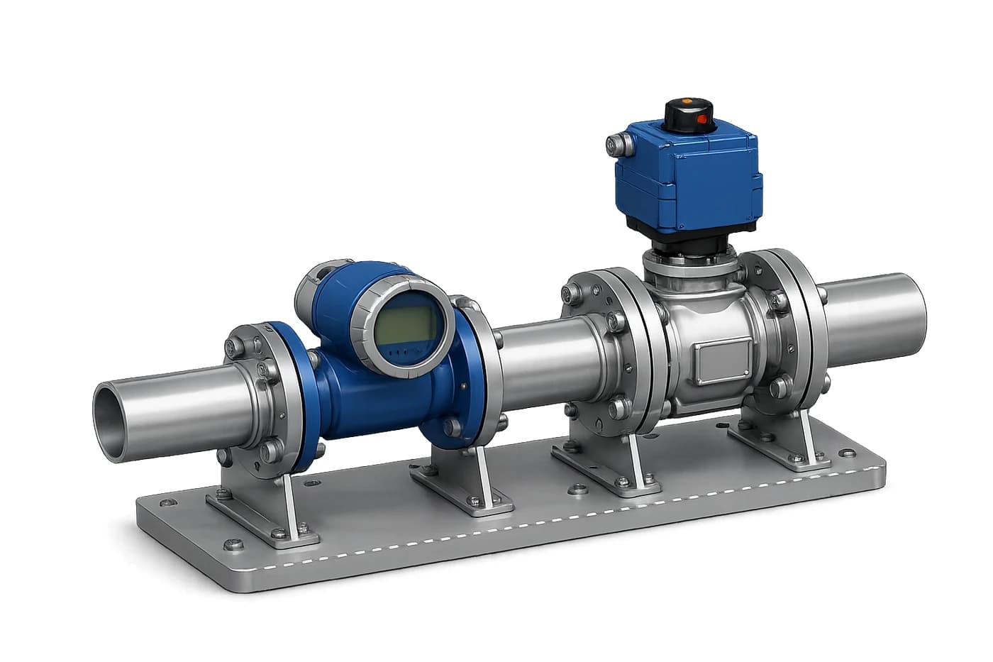 HydroPilot automatic valve and pump controller: a motorised valve and an in-line flow meter mounted on one skid, so the valve opens and the meter records the flow