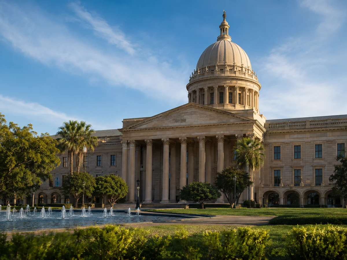 Government administrative building with fountains and a public water supply