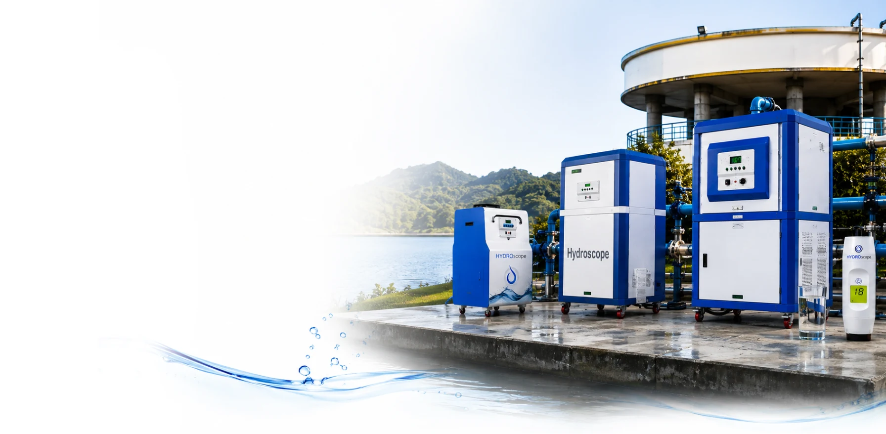 HydroPure electrochlorinator units and a HydroSense sensor installed beside a water treatment tank