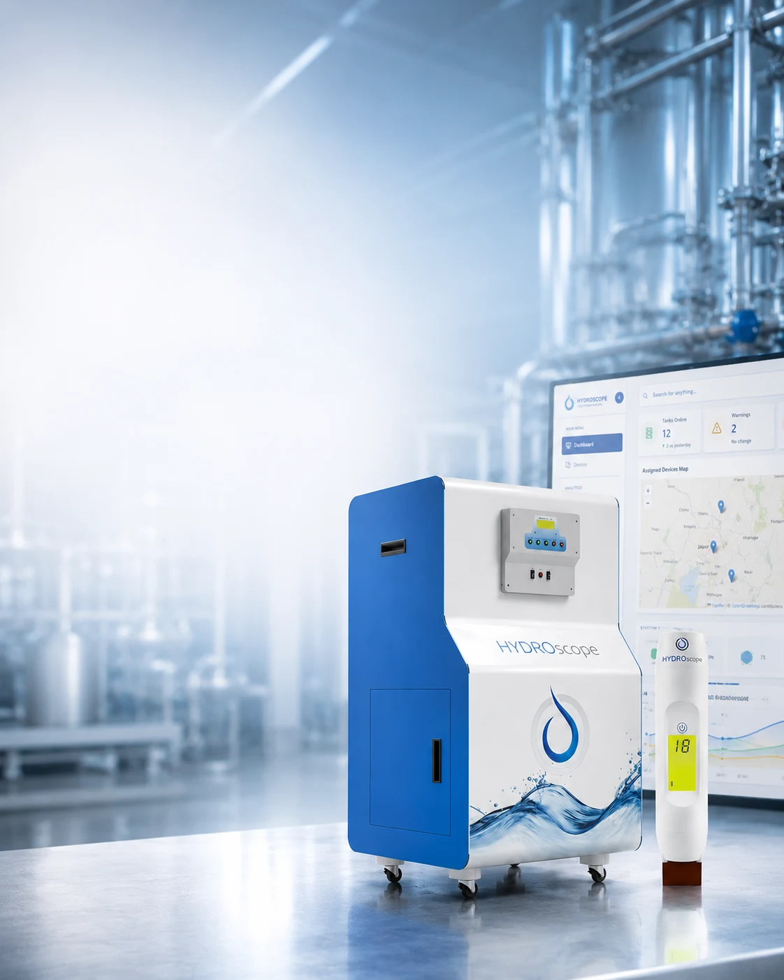 HydroPure electrochlorinator and a HydroSense handheld sensor on a plant bench, with the HydroSure dashboard on a screen behind them