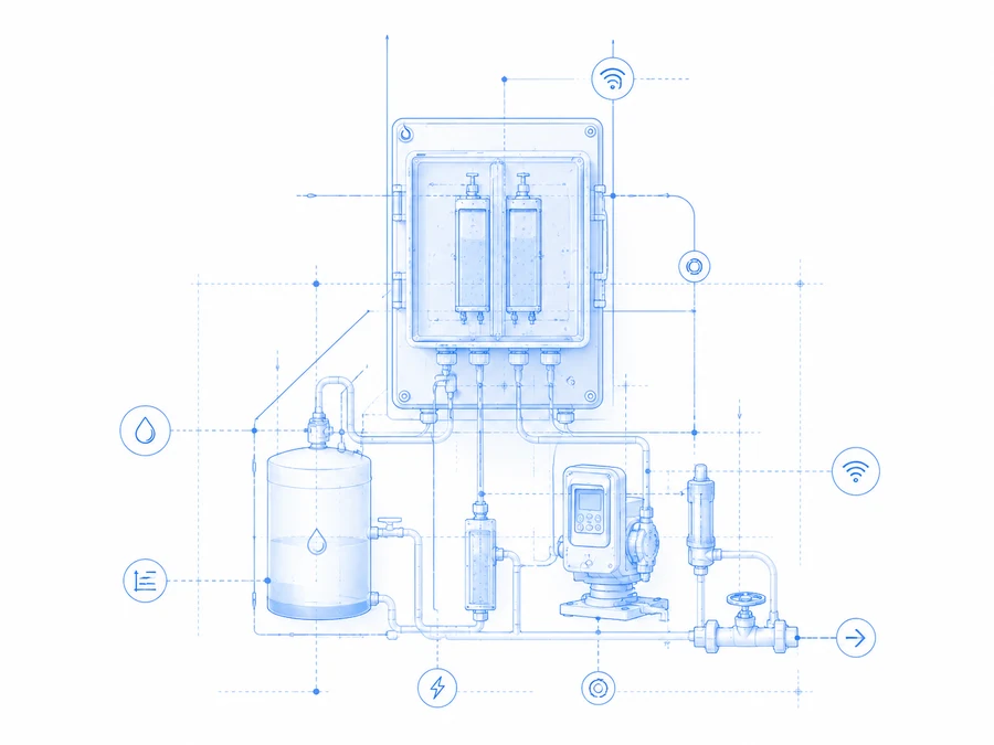 Technical blueprint of the HydroPure brine tank, electrolytic cell, dosing pump and sensor layout