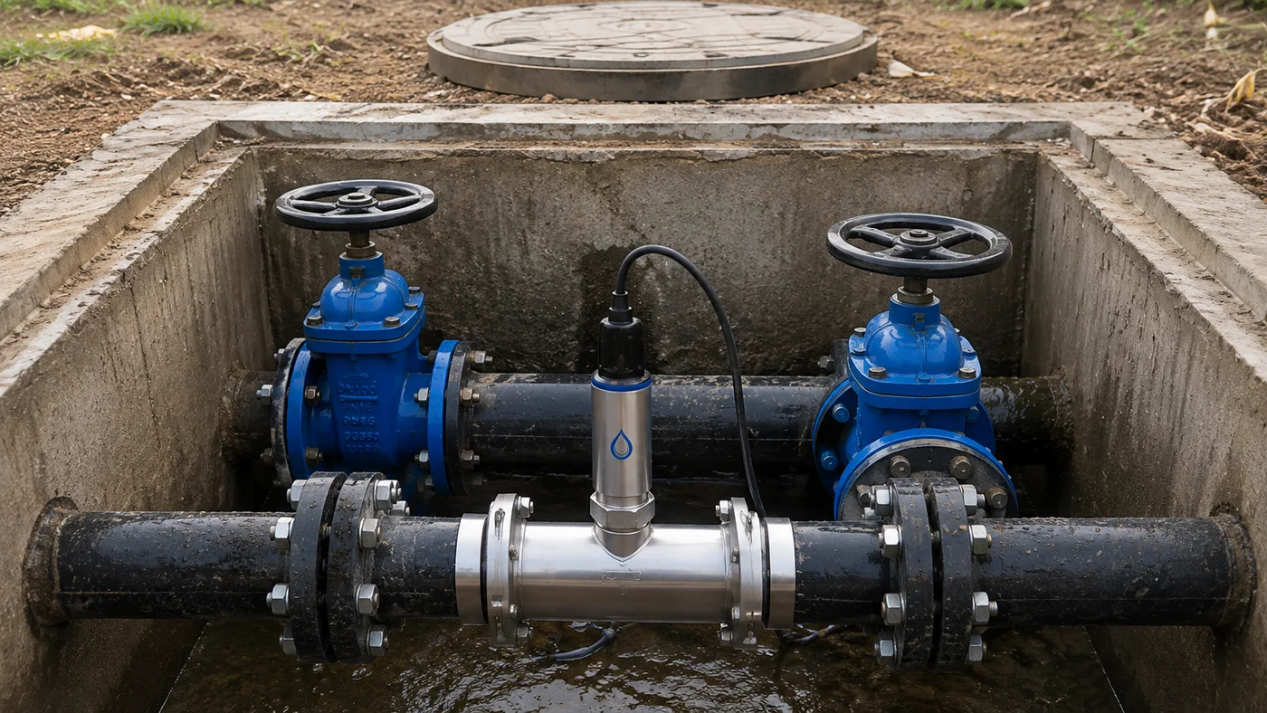 A large water main running through a valve chamber, feeding the scheme