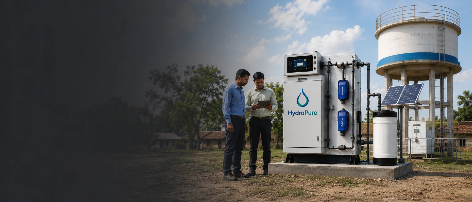 HydroPure IoT enabled water treatment system field inspection with village tank background