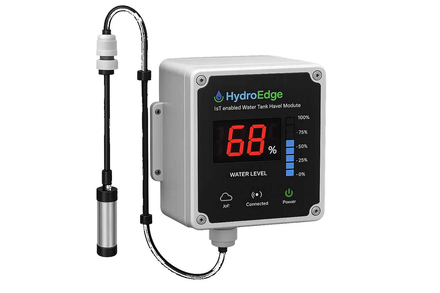 HydroEdge IoT water tank level module with its submersible probe, the display reading 68 per cent water level
