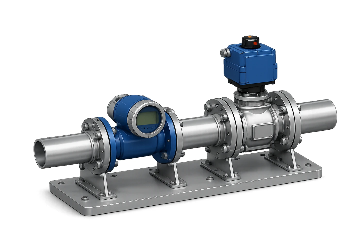 HydroPilot automatic valve and pump controller: a motorised valve and an in-line flow meter mounted on one skid, so the valve opens and the meter records the flow